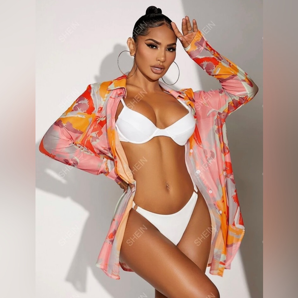 SHEIN Swim Vcay Allover Print Mesh Kimono